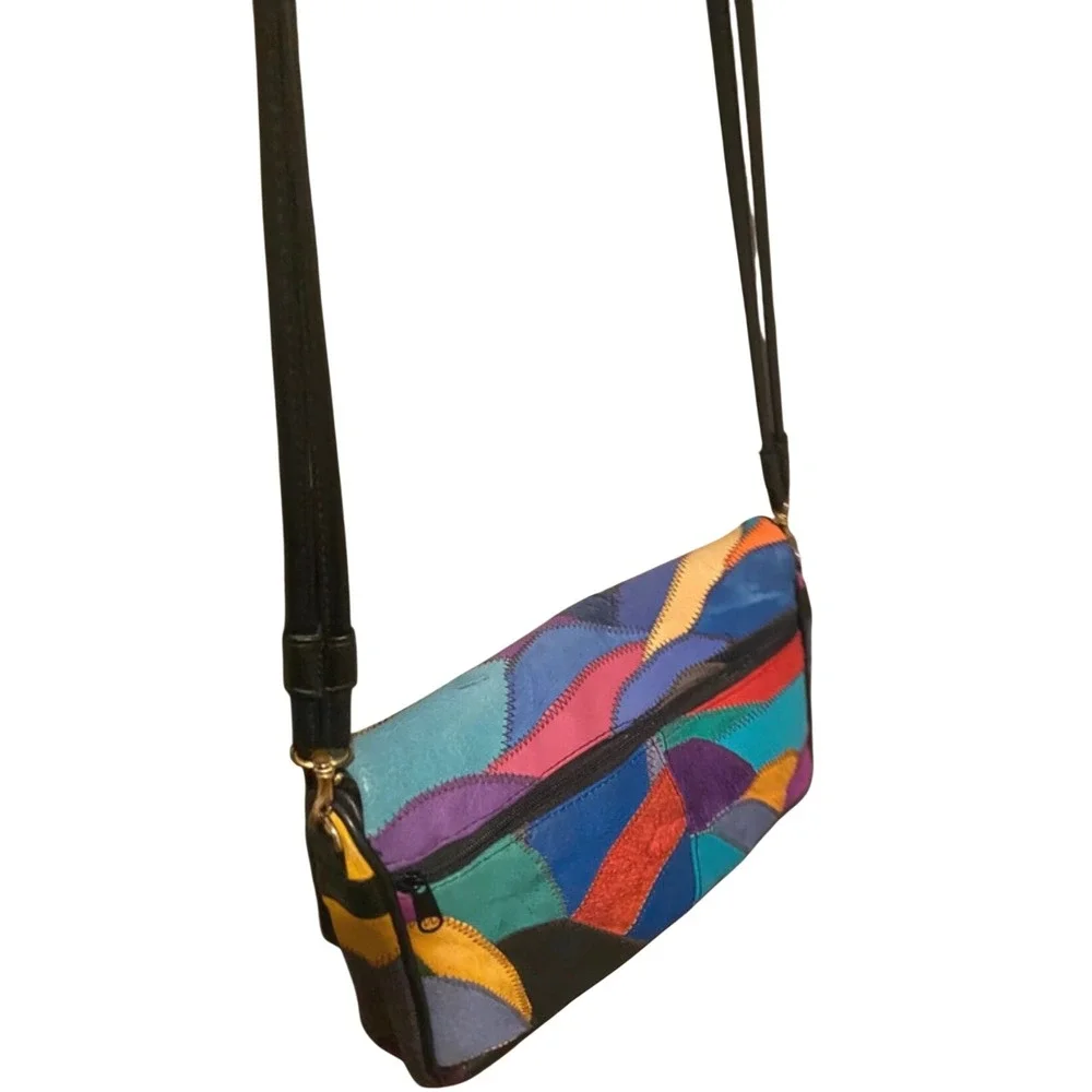 Vtg Style Multicolor Patchwork Leather Suede Crossbody Shoulder Bag Zipper‎ Reto